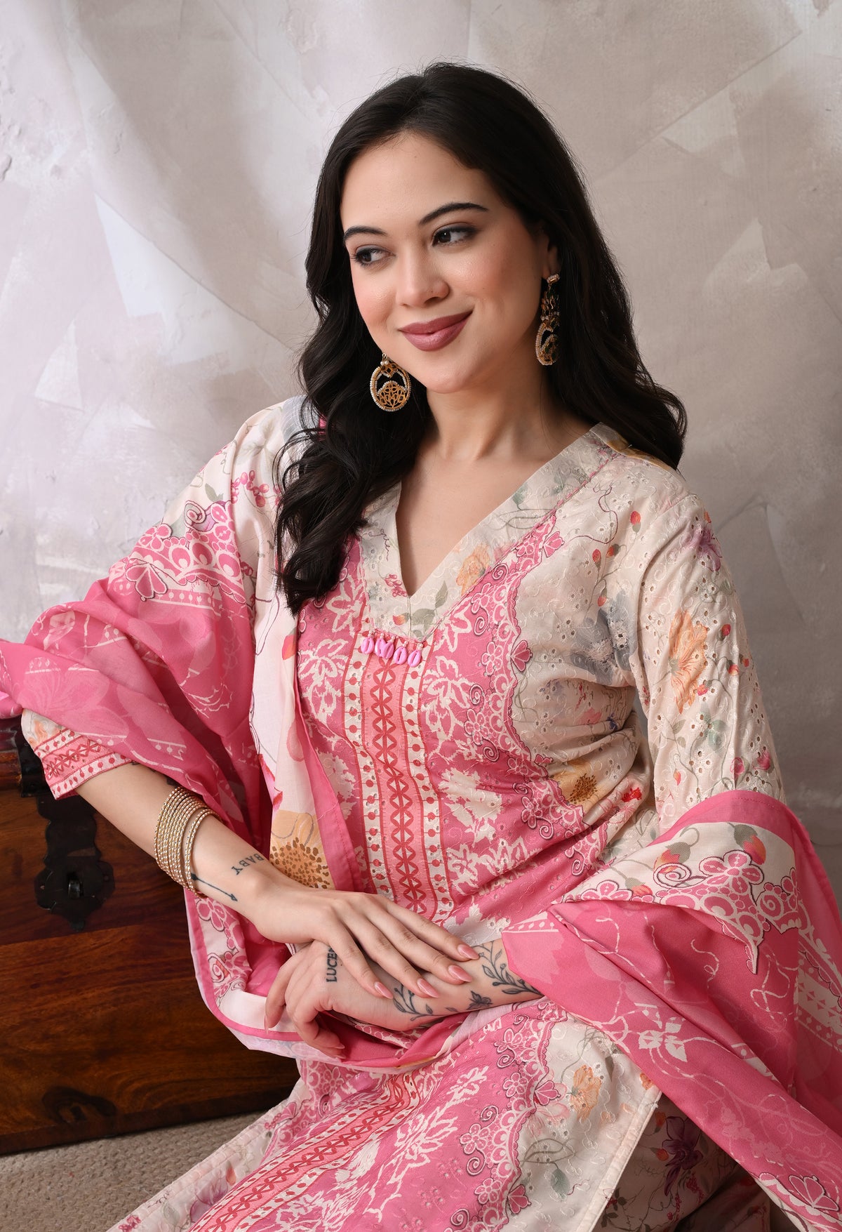 Pink A Line Top  Bottom & Dupatta  For Women - 2572 view 1