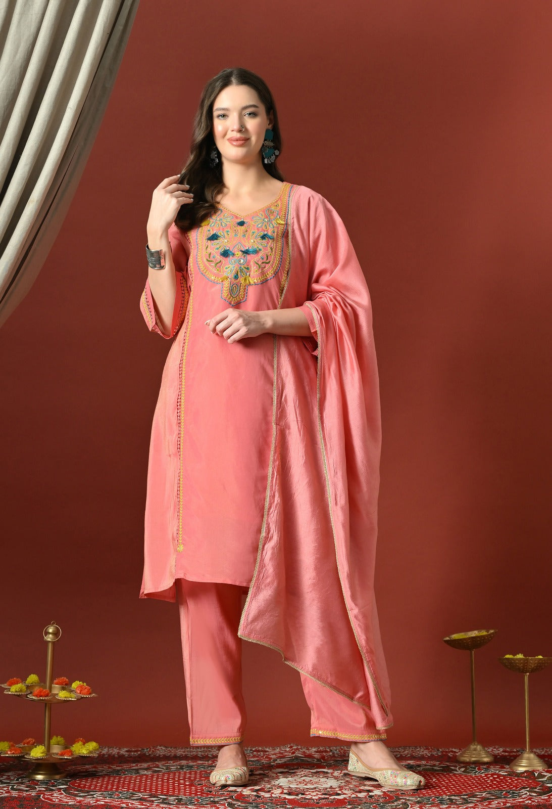 Pink Straight Kurta With Plazzo And Dupatta For Women - 2612 view 3