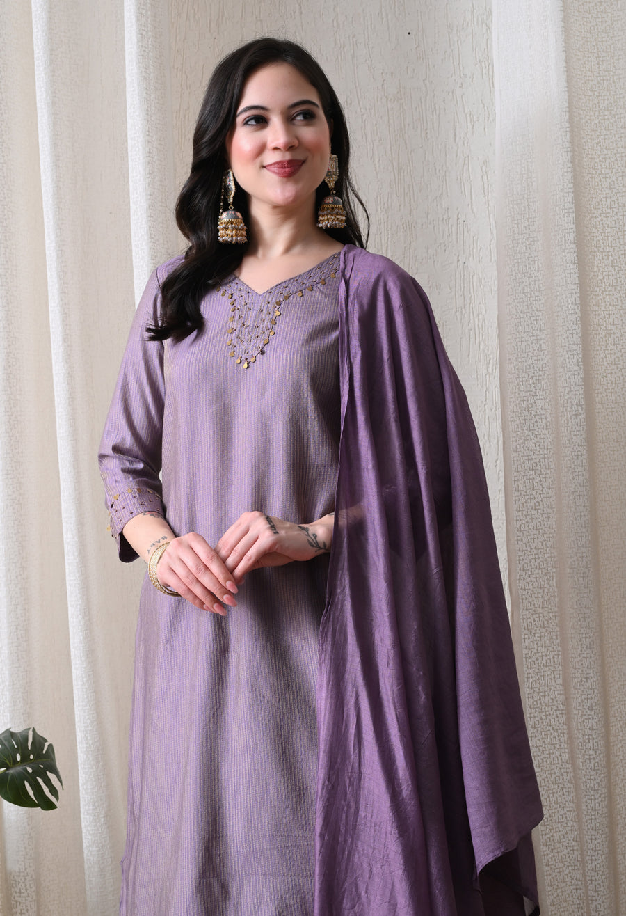 Purple Striped Woven Design Kurta with Trousers & Dupatta