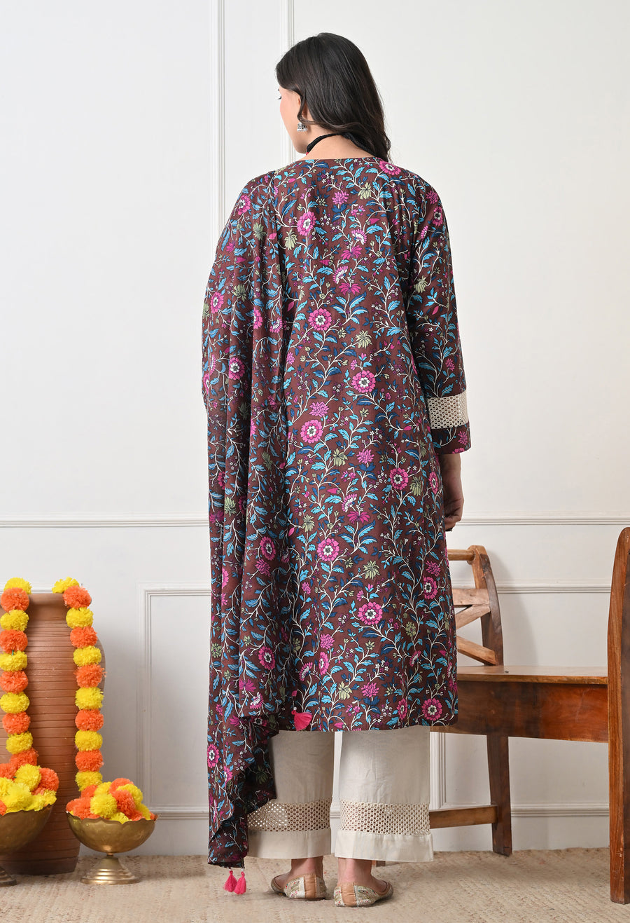 Brown Floral Printed Regular Pure Cotton Kurta with Palazzos & With Dupatta