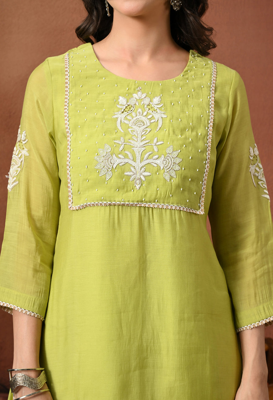 Green Ethnic Motifs Embroidered Empire Thread Work Kurta with Palazzos & With Dupatta