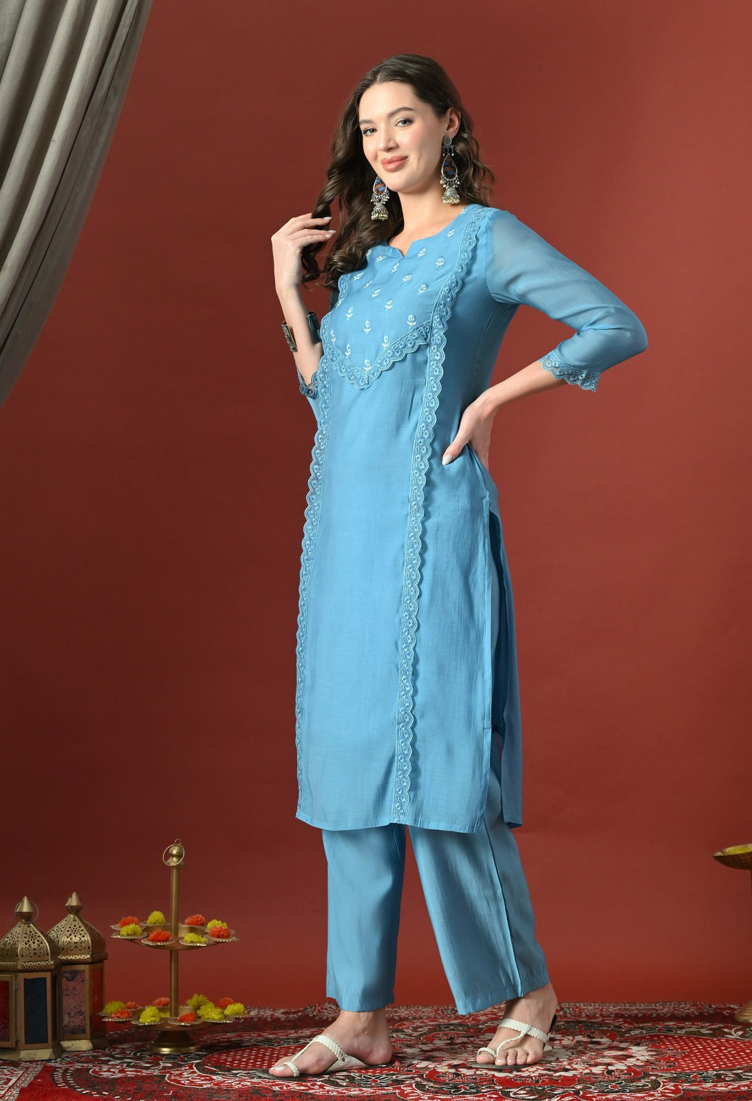 Blue Straight Kurta With Plazzo And Dupatta For Women - 2912 view 2