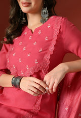 Pink Straight Kurta With Plazzo And Dupatta For Women - 2912 view 1