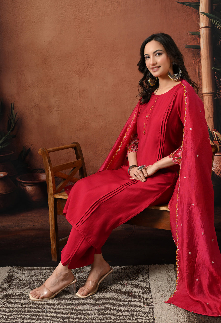 Rani Regular Thread Work Pure Silk Kurta with Trousers & With Dupatta