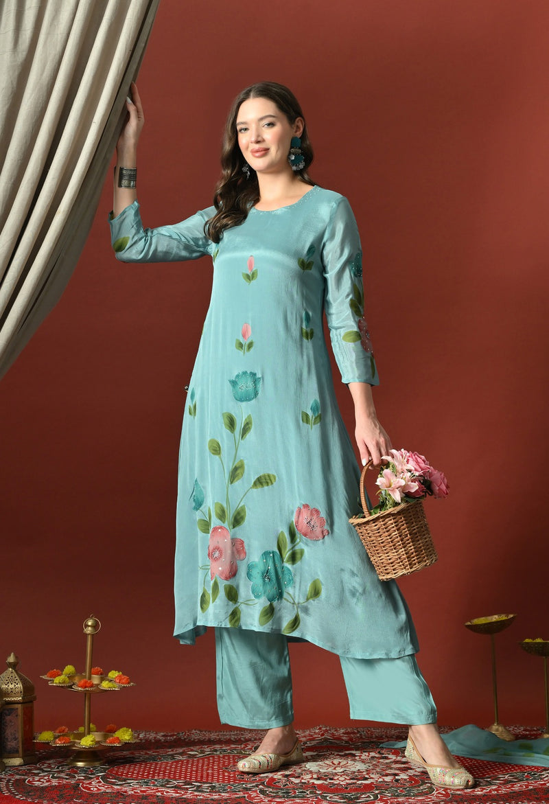 A Line Top  Bottom & Dupatta  For Women - BLUE (2641-BLUE)