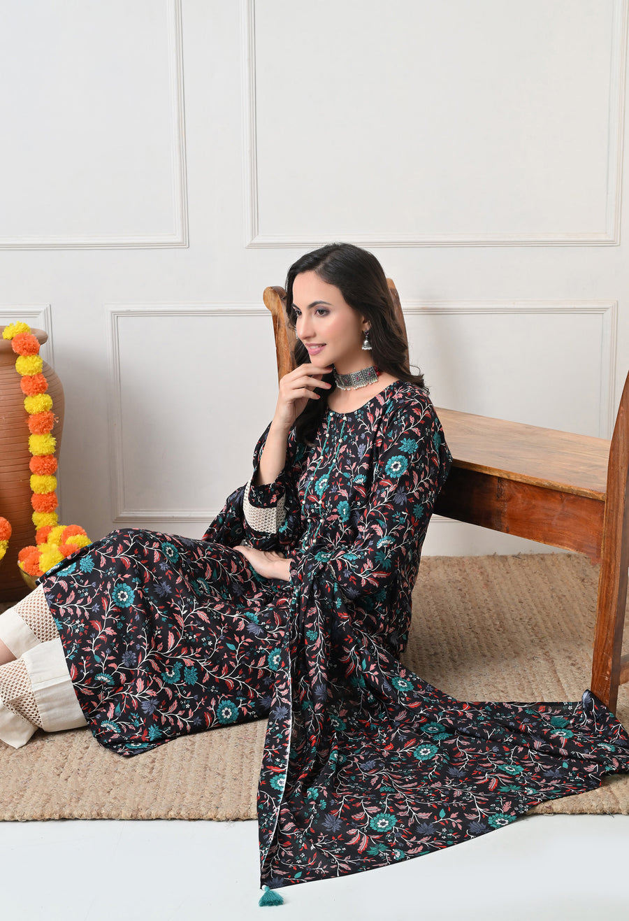 Black Floral Printed Regular Pure Cotton Kurta with Palazzos & With Dupatta