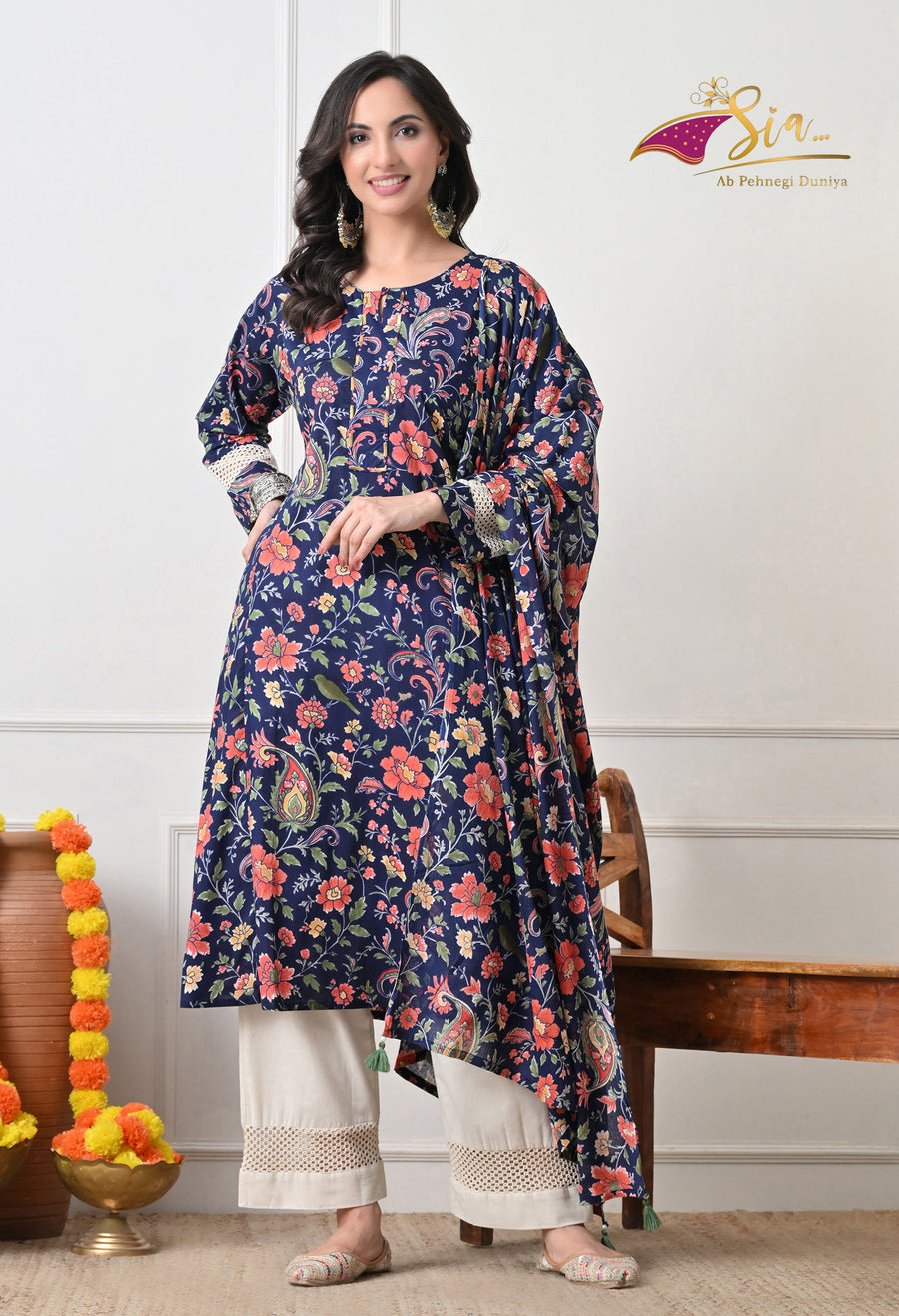 Navyblue Floral Printed Regular Pure Cotton Kurta with Palazzos & With Dupatta