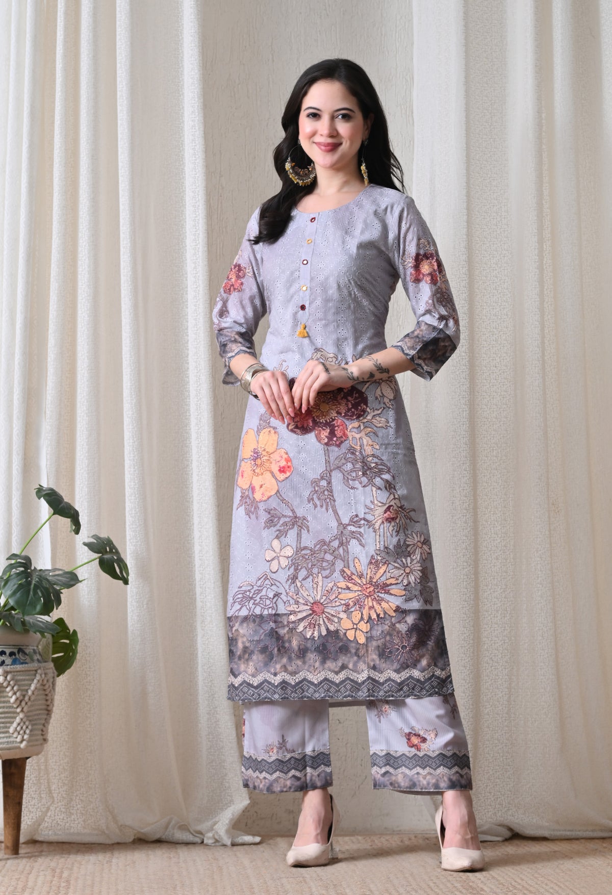 Grey A Line Top  Bottom & Dupatta  For Women - 2572 view 1