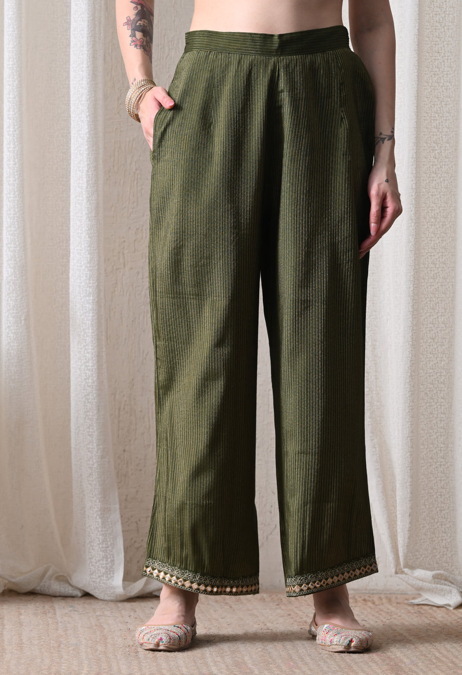 Green Striped Regular Thread Work Kurta With Trousers & Dupatta