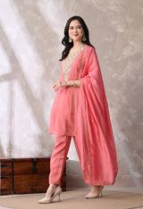 Peach Short Kurta With Plazzo And Dupatta For Women - 2615 view 2