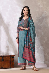 Teal A Line Top  Bottom & Dupatta  For Women - 2572 view 1