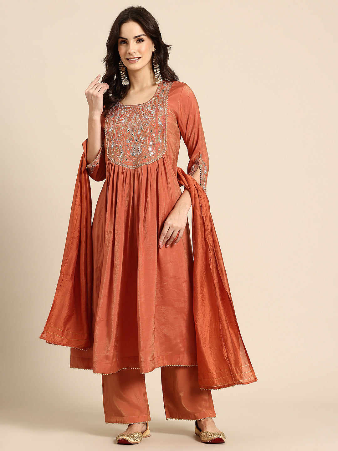 Orange Rounded Kurta With Pant And Dupatta For Women - 2570 view 5