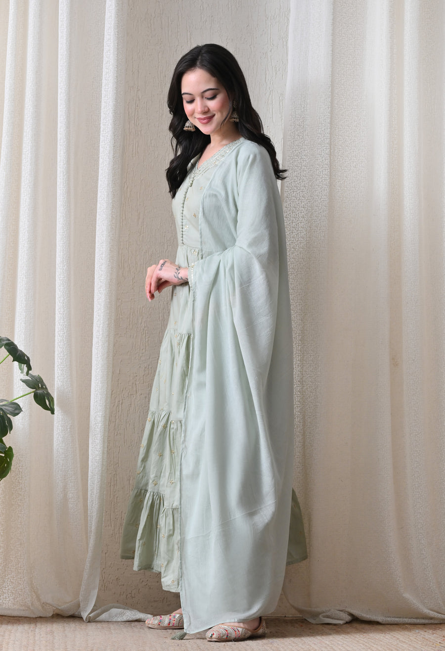 Green Cotton Flair Dress With Dupatta For Women
