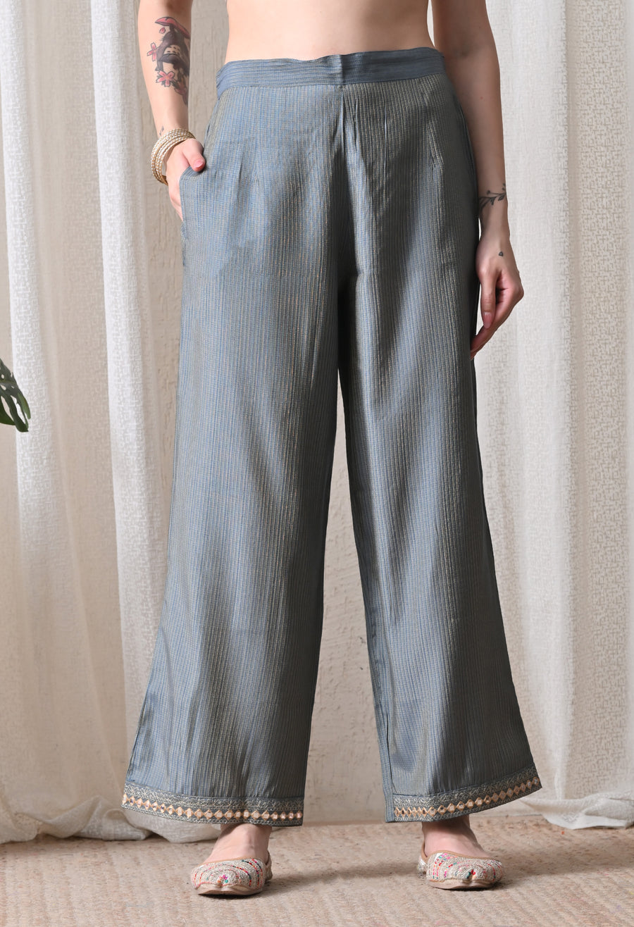 Grey Striped Regular Thread Work Kurta With Trousers & Dupatta