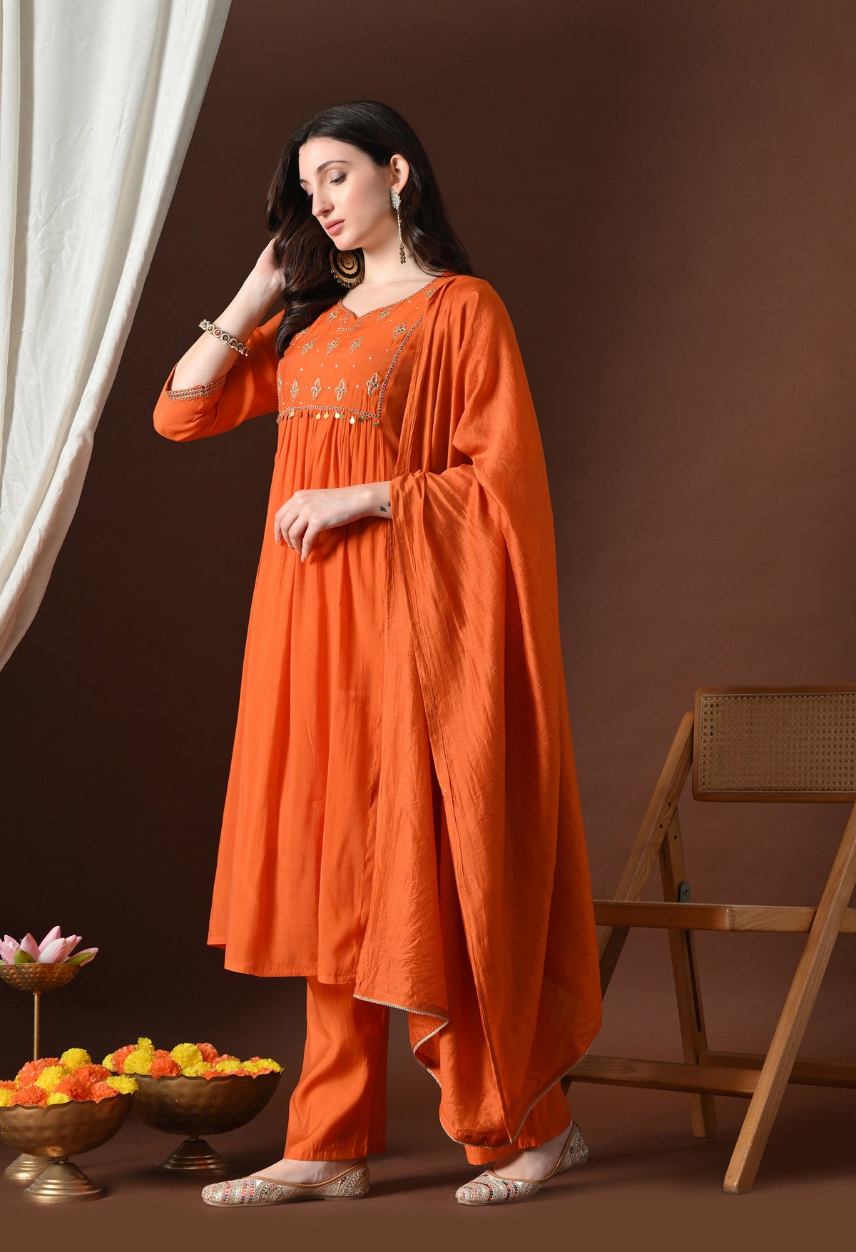 Orange A Line With Plazzo And Dupatta For Women - 2906 view 2