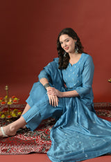 Blue Straight Kurta With Plazzo And Dupatta For Women - 2912 view 4