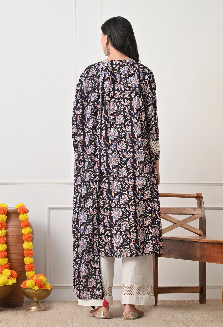 Black Floral Printed Regular Pure Cotton Kurta with Palazzos & With Dupatta