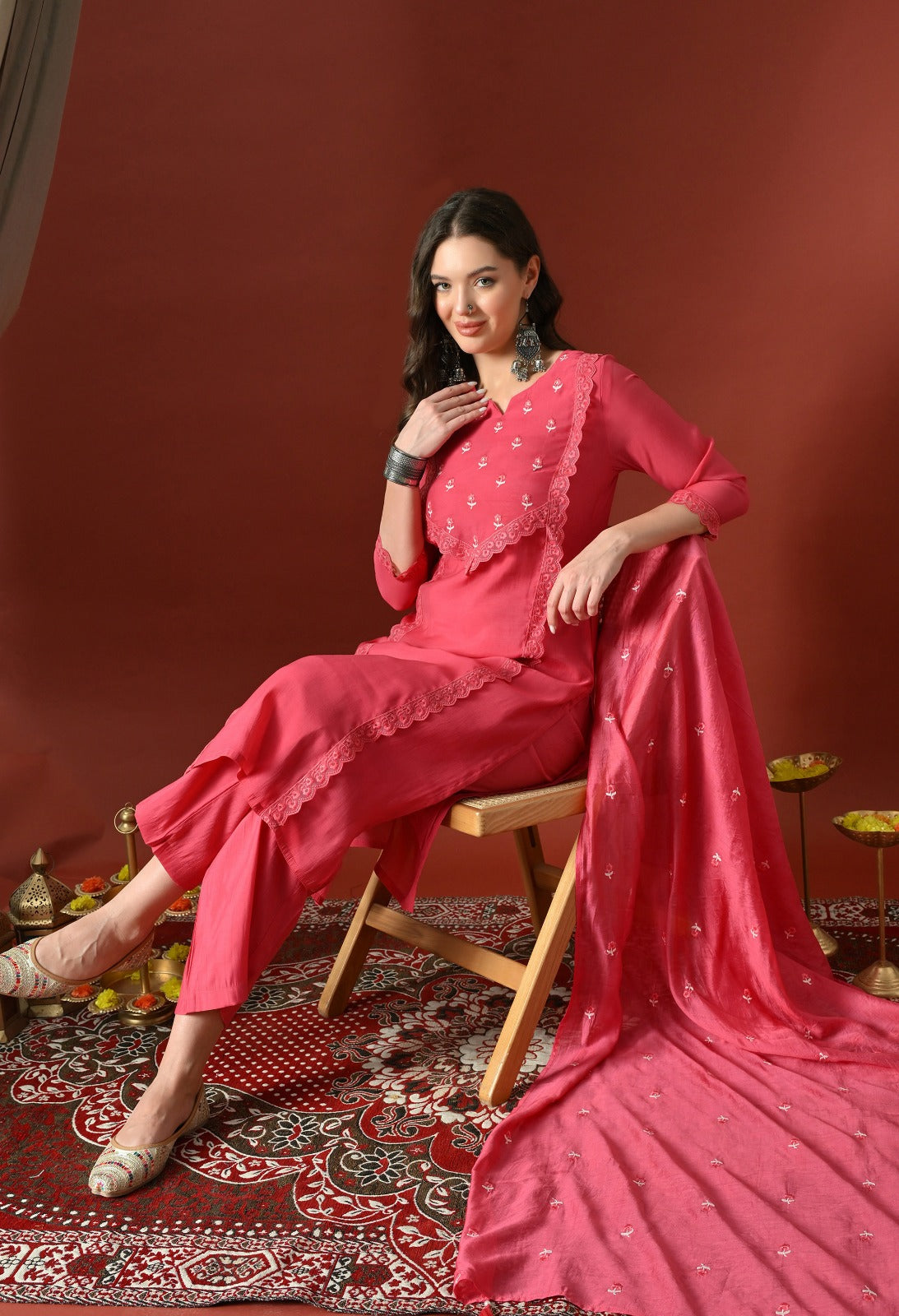 Pink Straight Kurta With Plazzo And Dupatta For Women - 2912 view 5
