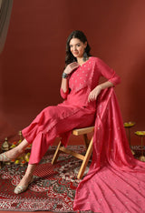 Pink Straight Kurta With Plazzo And Dupatta For Women - 2912 view 5