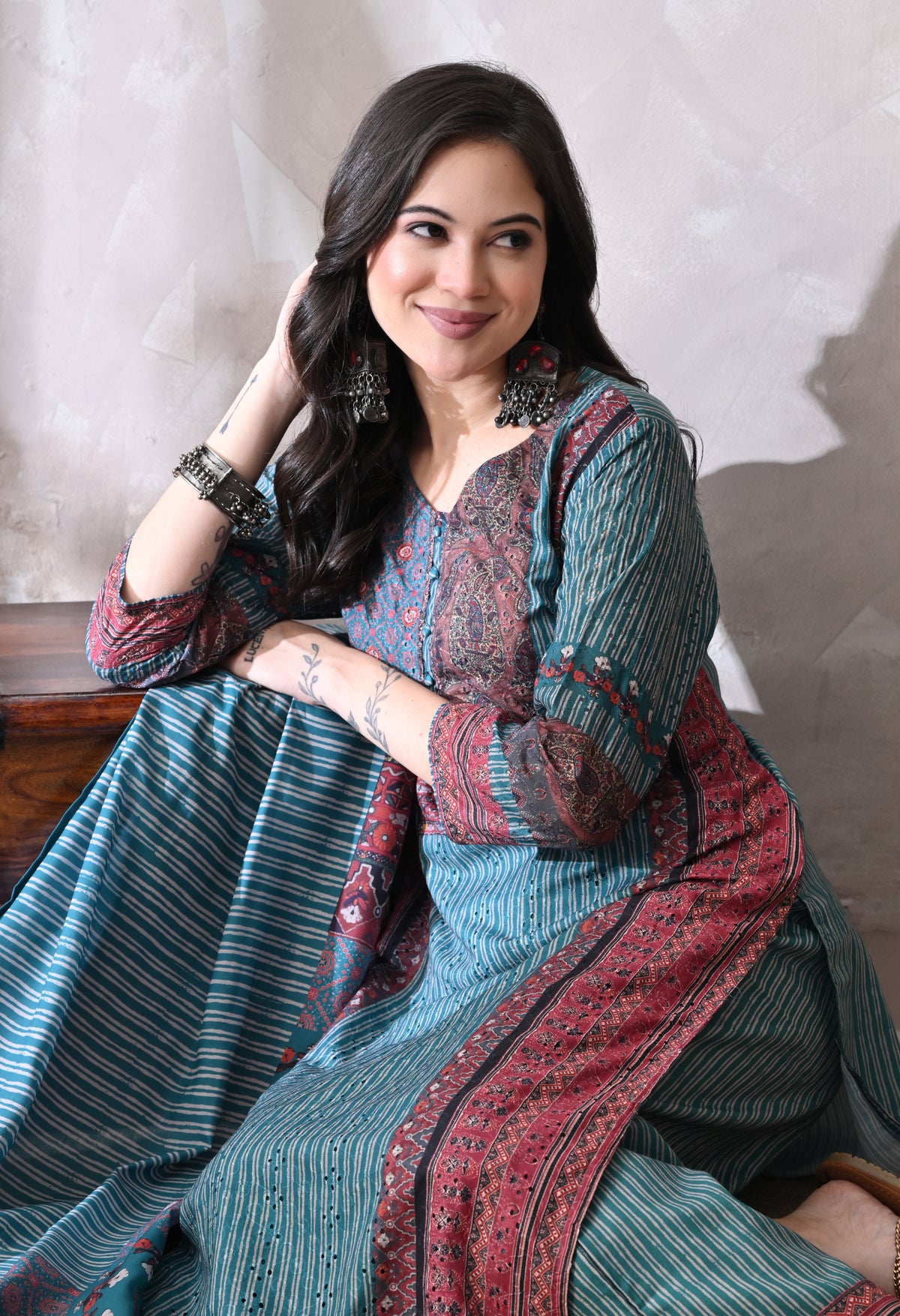 Teal A Line Top  Bottom & Dupatta  For Women - 2572 view 3