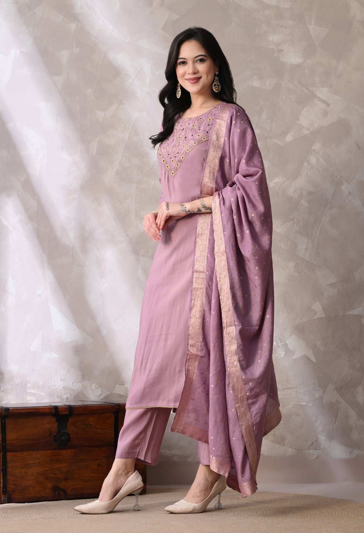 Purple Straight Kurta With Plazzo And Dupatta For Women - 2613 view 2
