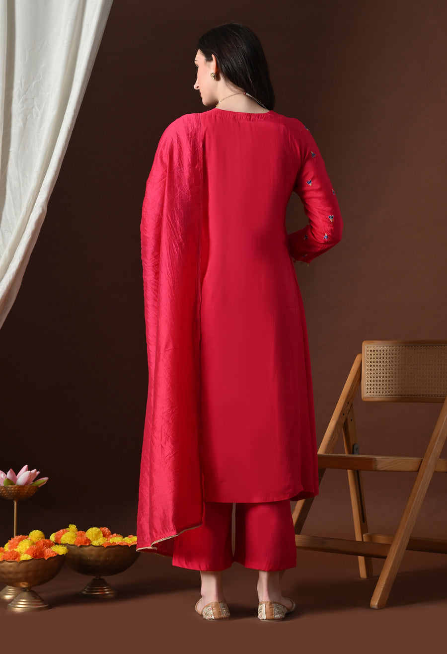 Pink Ethnic Motifs Embroidered Empire Thread Work Kurta with Palazzos & With Dupatta