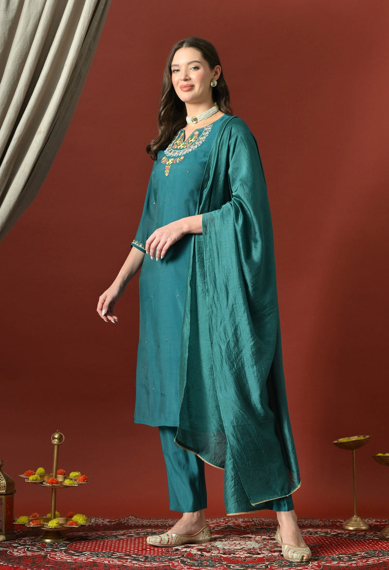 Straight Kurta With Plazzo And Dupatta For Women - RAMA (2628-RAMA)