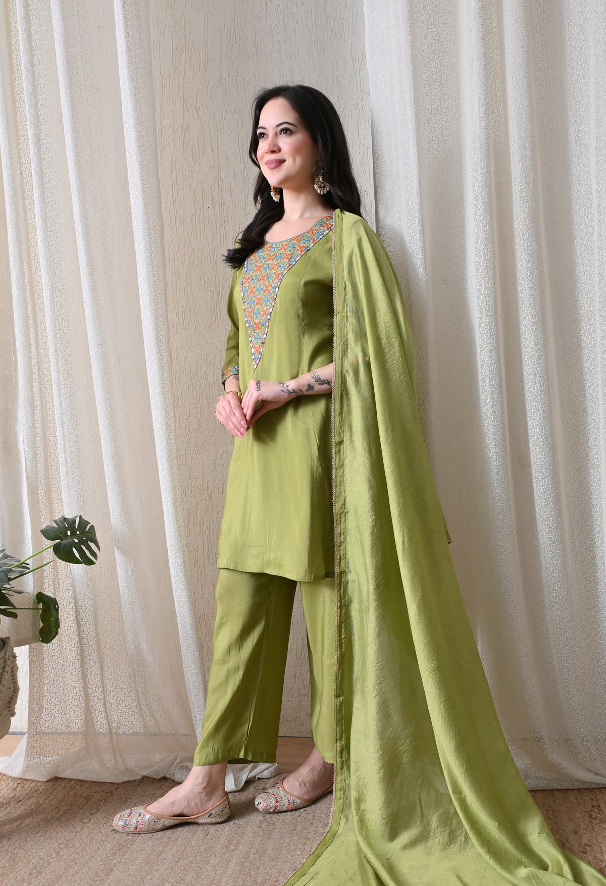 Green Short Kurta With Plazzo And Dupatta For Women - 2615 view 1