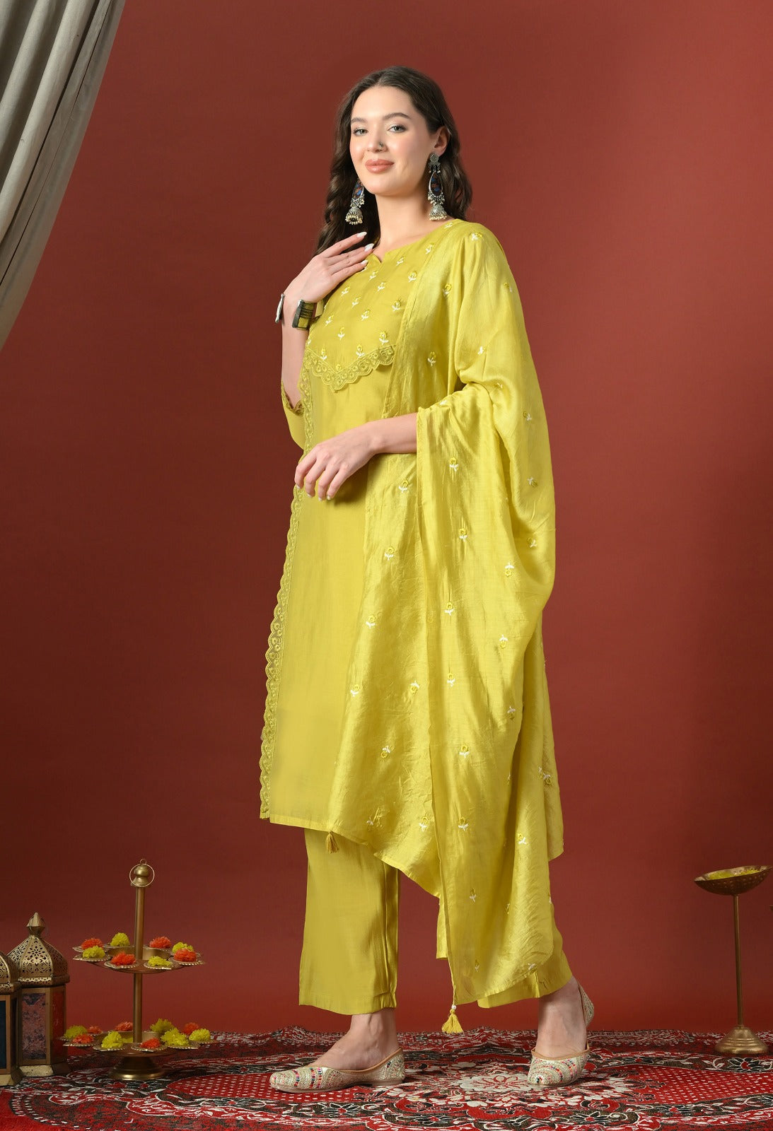 Yellow Straight Kurta With Plazzo And Dupatta For Women - 2912 view 2