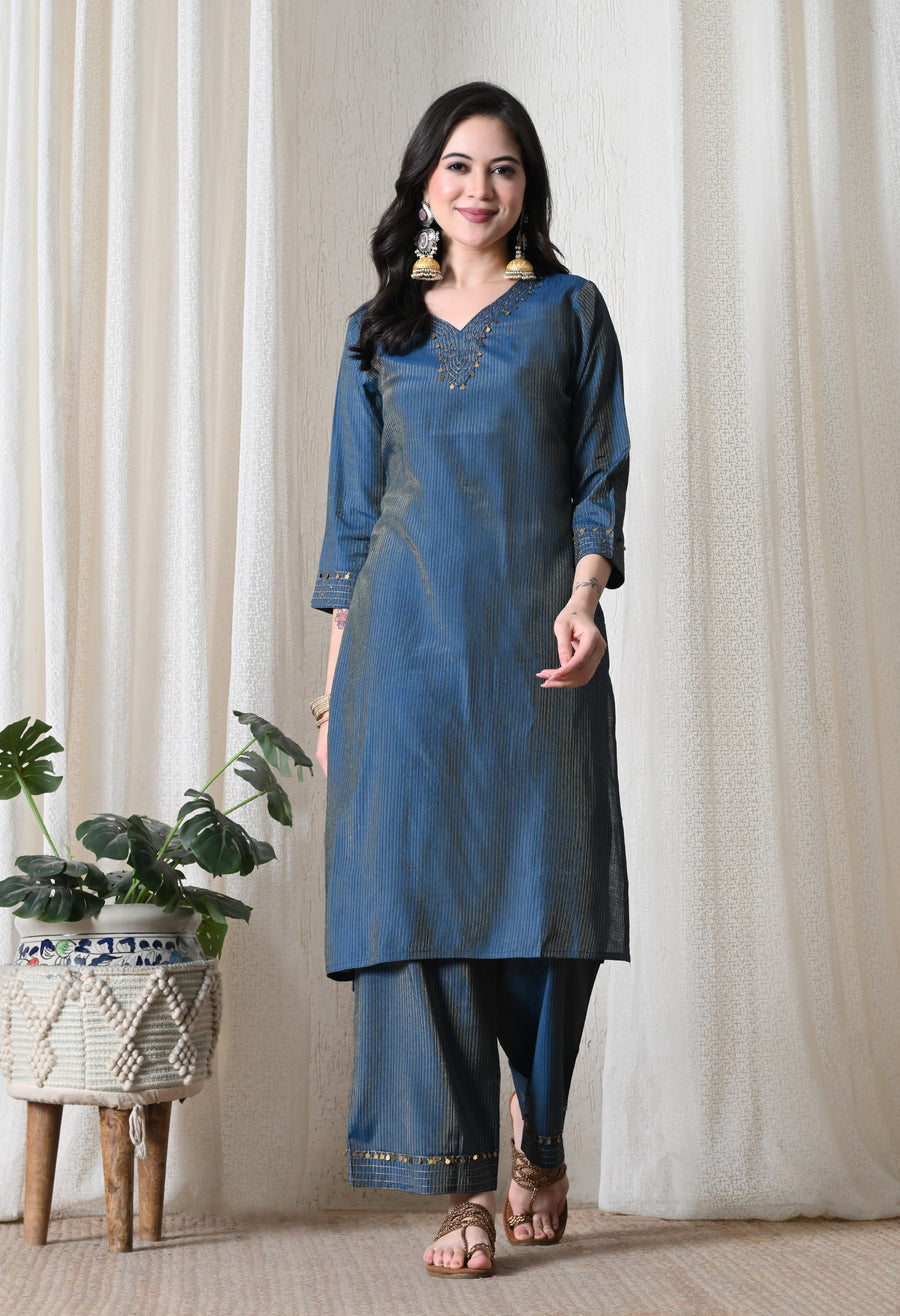 Blue Striped Woven Design Kurta with Trousers & Dupatta