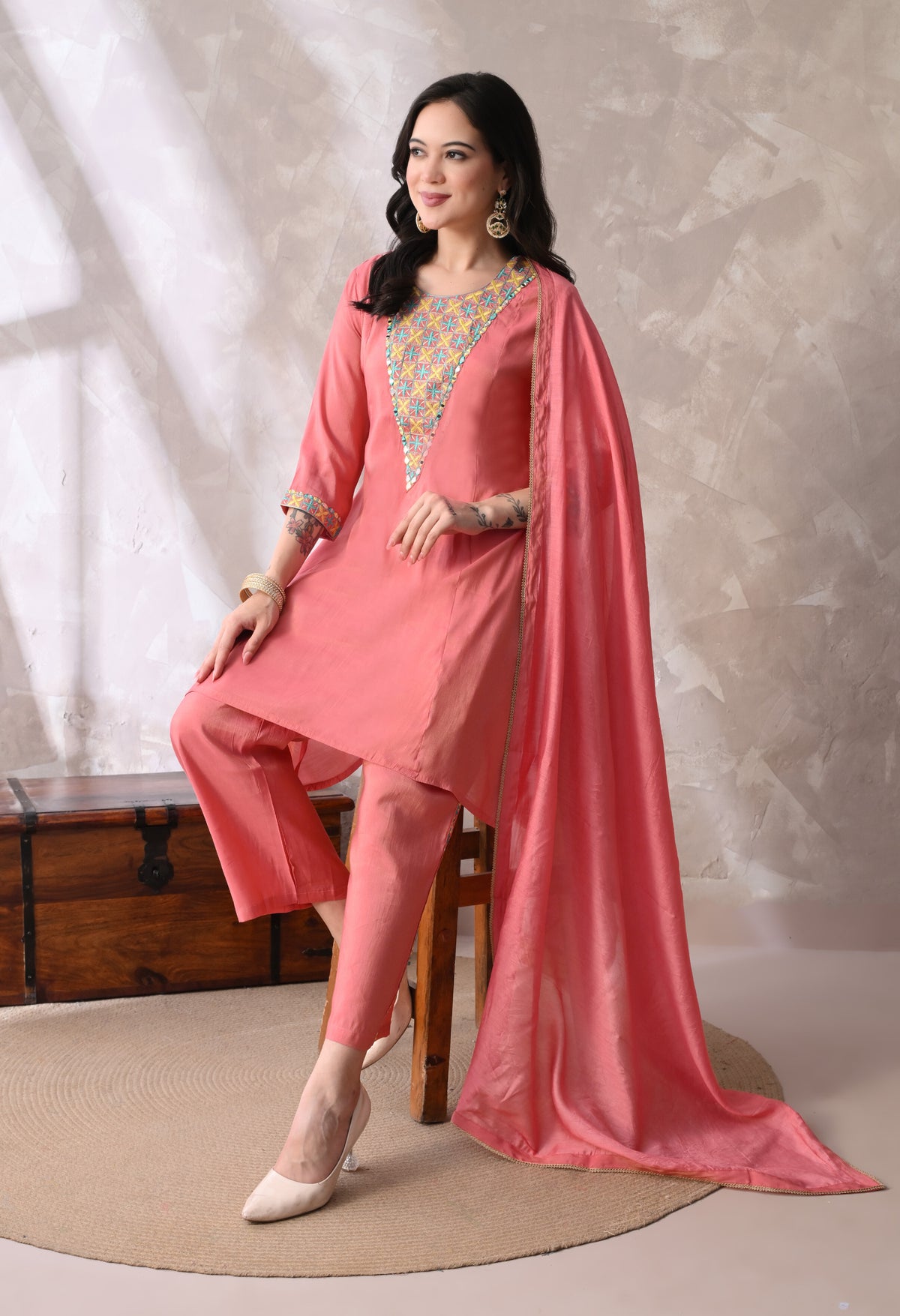 Peach Short Kurta With Plazzo And Dupatta For Women - 2615 view 3