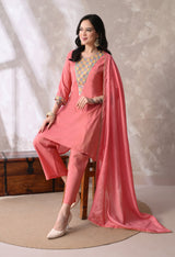 Peach Short Kurta With Plazzo And Dupatta For Women - 2615 view 3