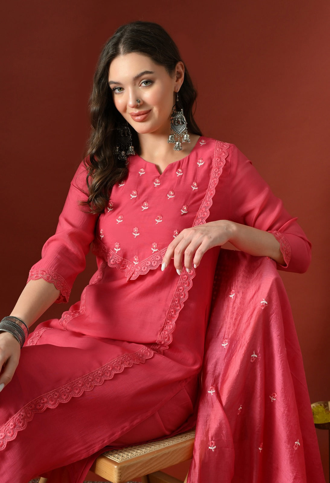 Pink Straight Kurta With Plazzo And Dupatta For Women - 2912 view 2