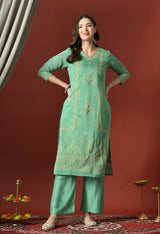 Green Straight Kurta With Plazzo And Dupatta For Women - 2659 view 5