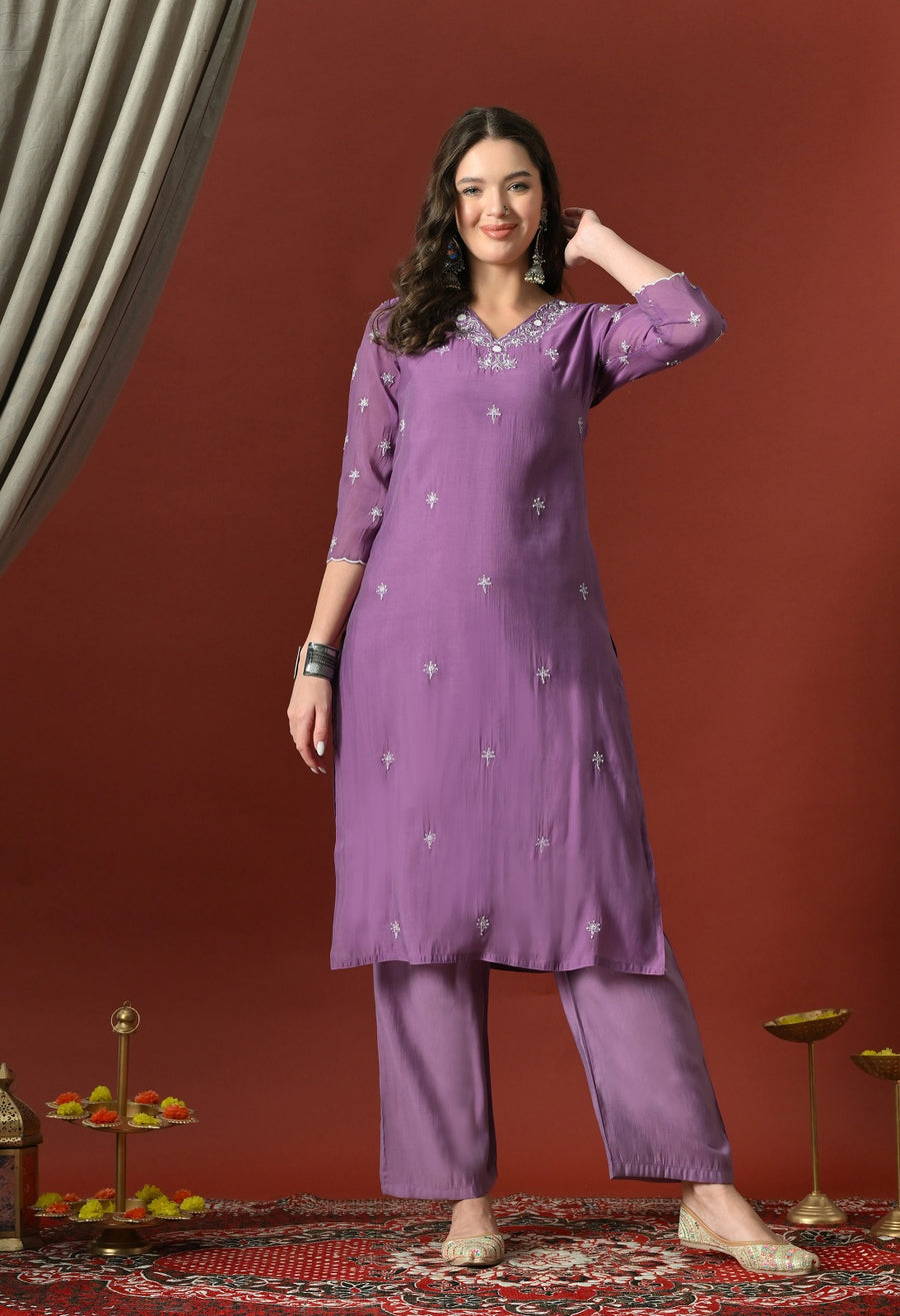 Purple Ethnic Motifs Embroidered Regular Thread Work Chanderi Cotton Kurta with