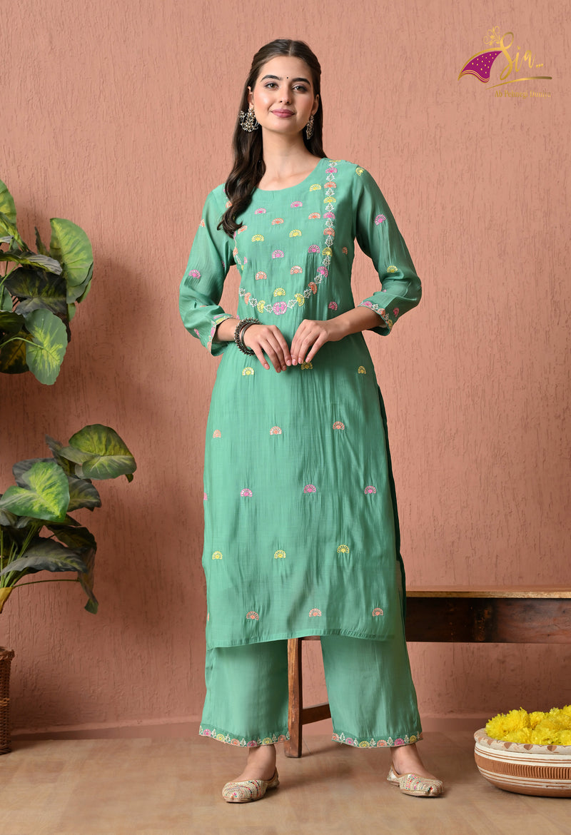 3 Pcs (A Line Top Bottom & Dupatta ) - GREEN (2630-GREEN)