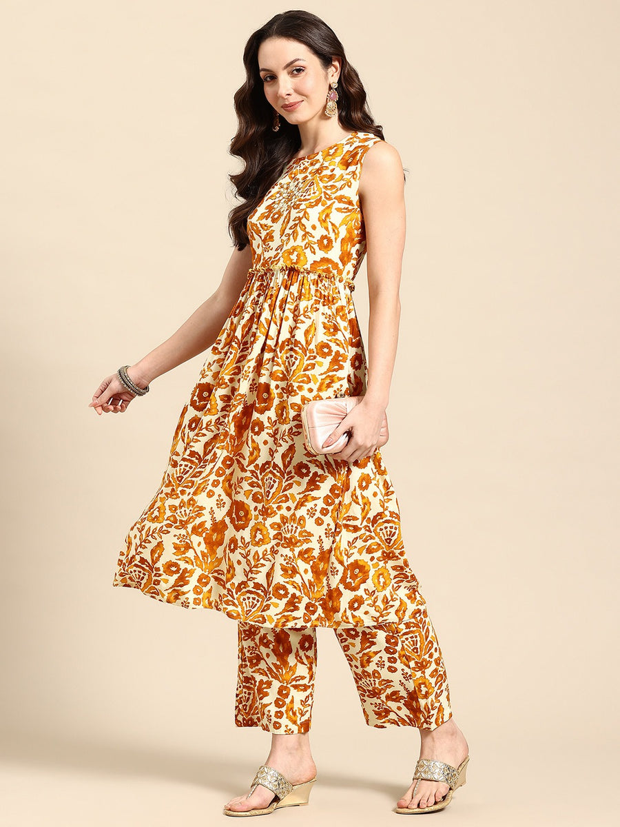 Yellow Floral Printed Empire Kurta with Trousers