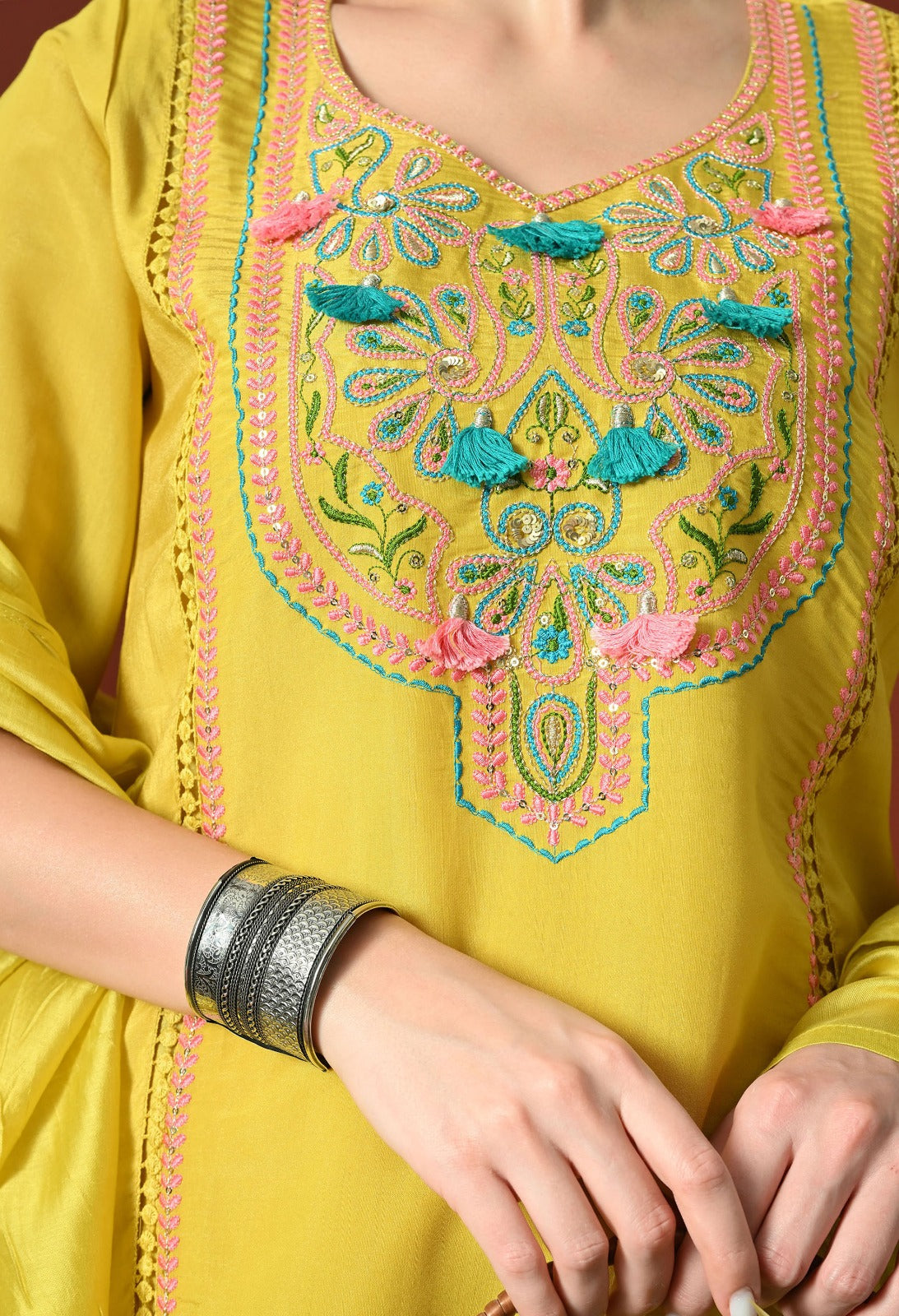 Yellow Straight Kurta With Plazzo And Dupatta For Women - 2612 view 3