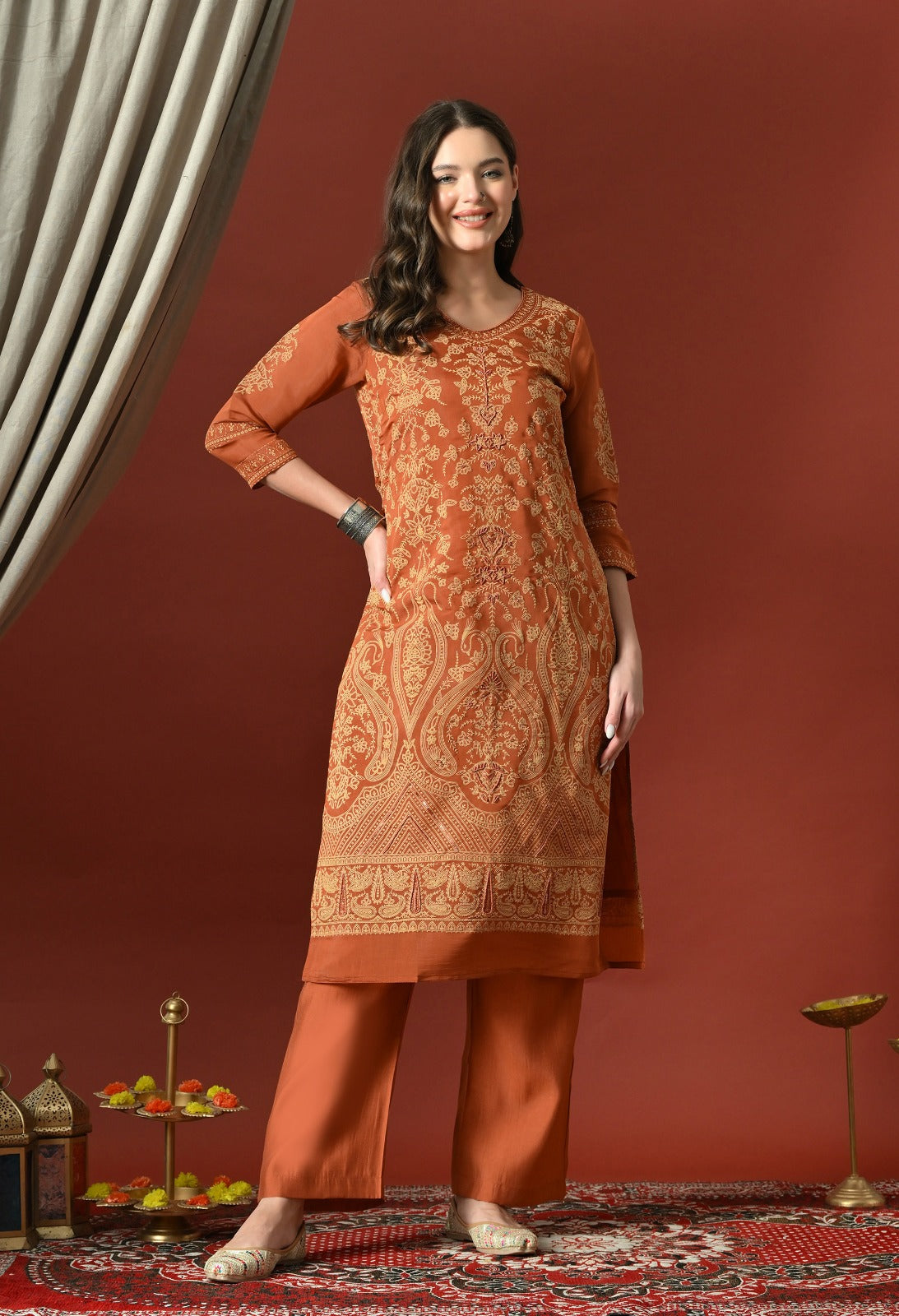 Rust Straight Kurta With Plazzo And Dupatta For Women - 2660 view 2