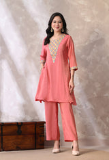 Peach Short Kurta With Plazzo And Dupatta For Women - 2615 view 5