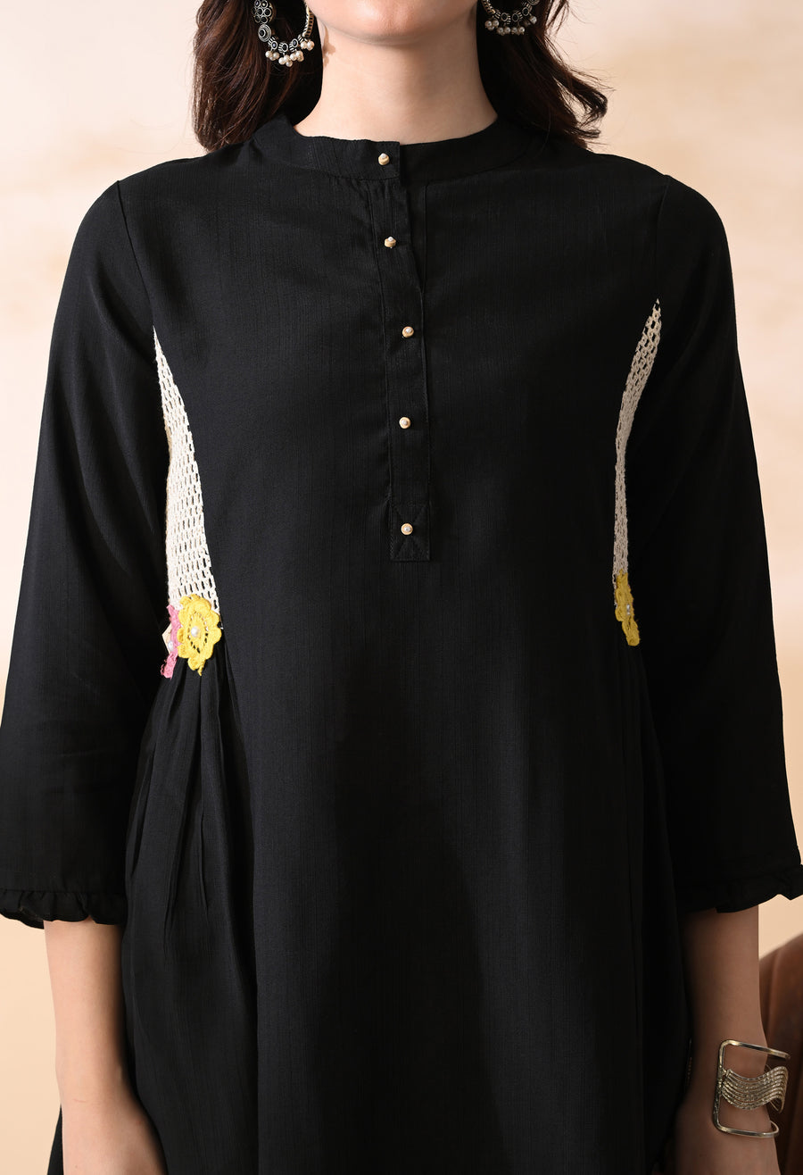 Black Crochet Solid Tunic with Trousers