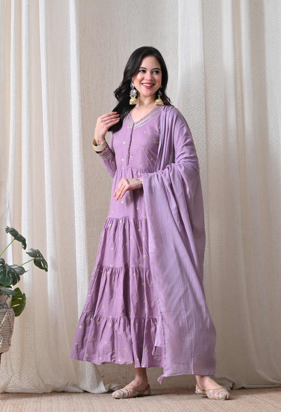 Purple Cotton Flair Dress With Dupatta For Women