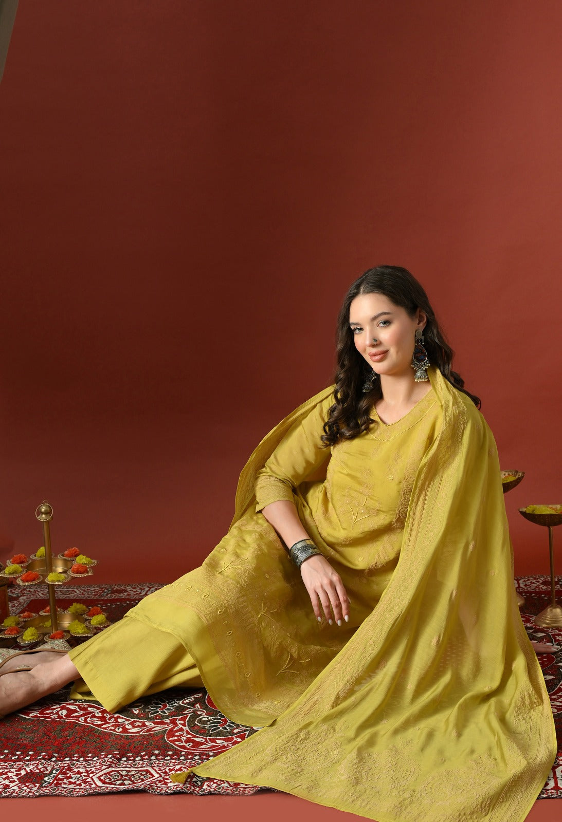 Yellow Straight Kurta With Plazzo And Dupatta For Women - 2659 view 1