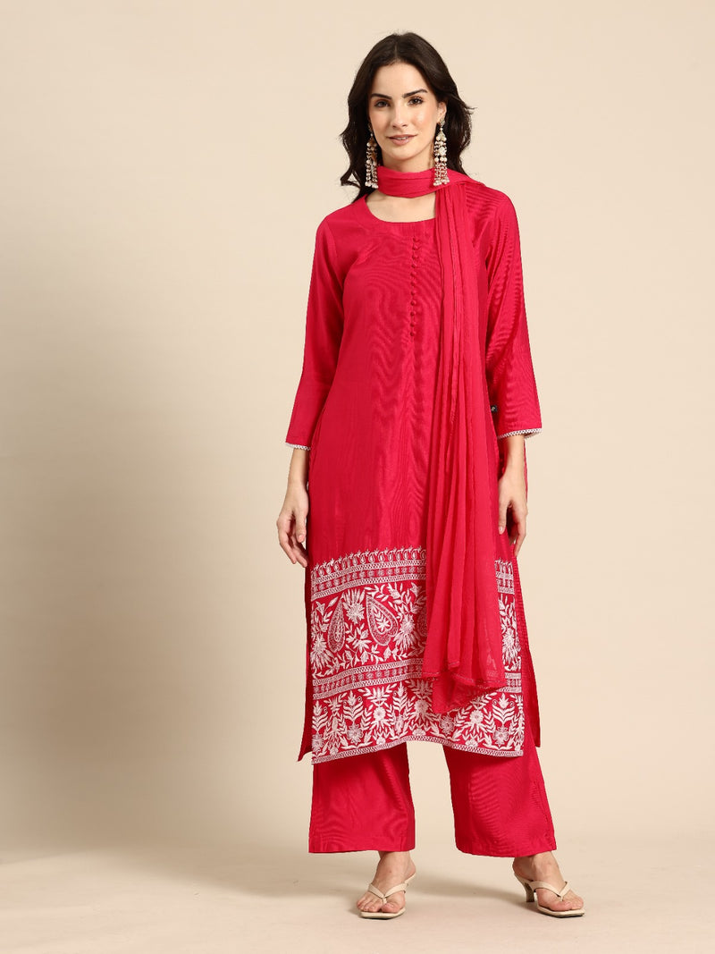 Straight Kurta With Plazzo And Dupatta For Women - RED (2589-RED)