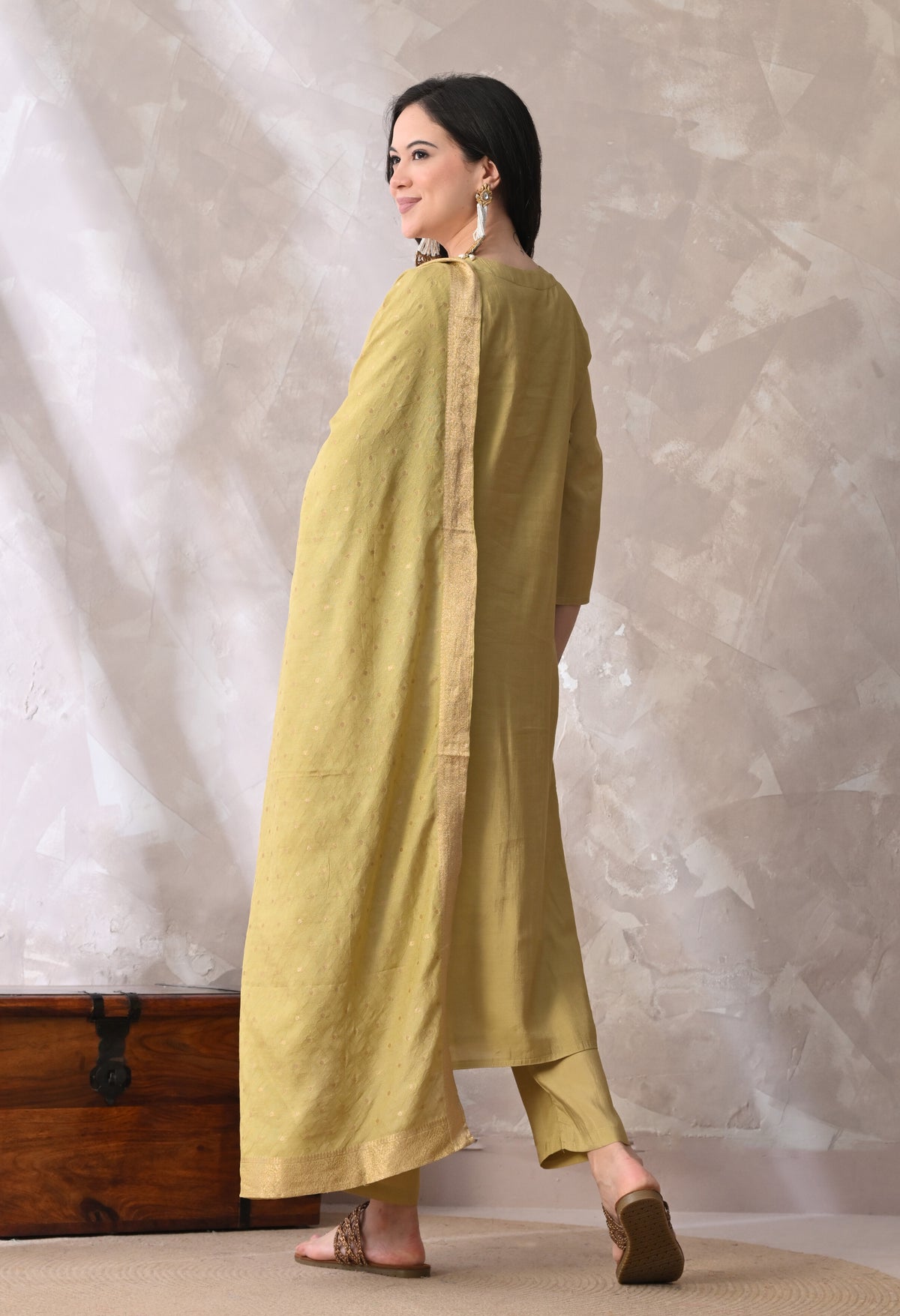 Green Straight Kurta With Plazzo And Dupatta For Women - 2613 view 5