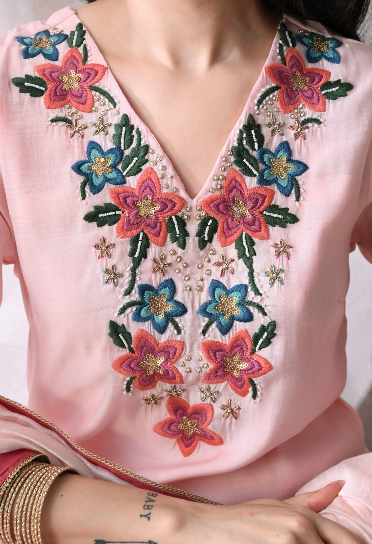 Lt Pink A Line Top  Bottom & Dupatta  For Women - 2944 view 5
