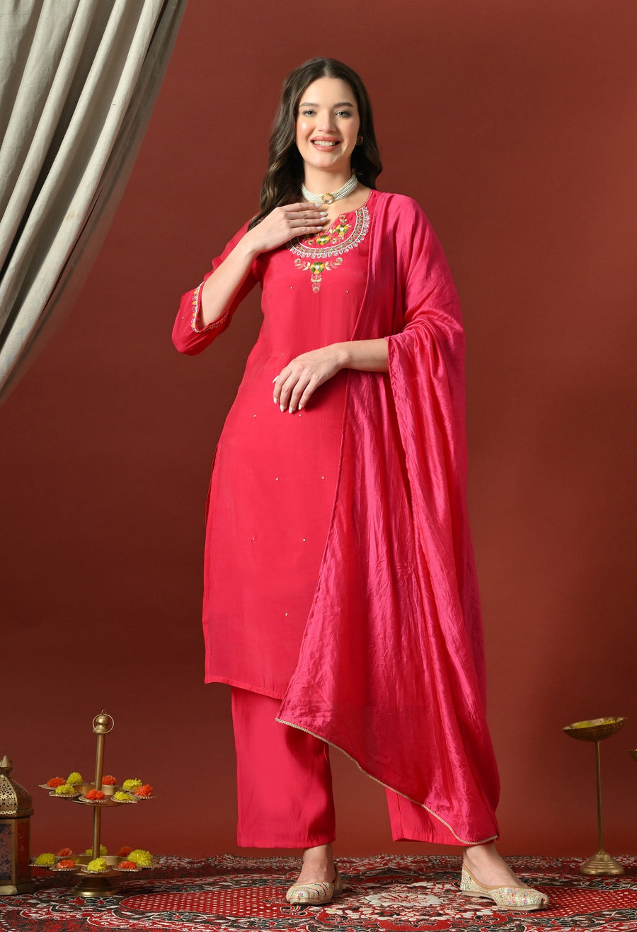 Pink Ethnic Motifs Embroidered Regular Thread Work Chanderi Cotton Kurta with Dupatta