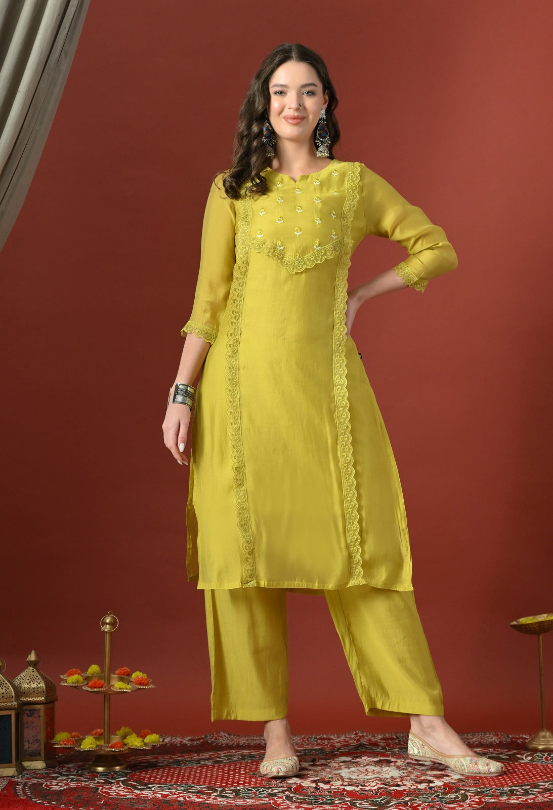 Yellow Straight Kurta With Plazzo And Dupatta For Women - 2912 view 1