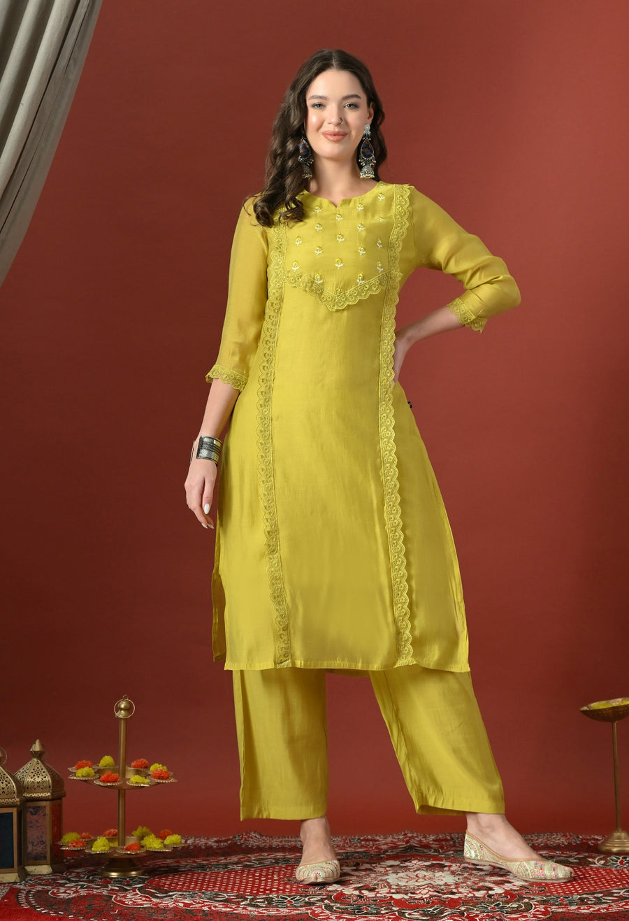Yellow Floral Embroidered Regular Chanderi Cotton Kurta with Trousers & With Dupatta