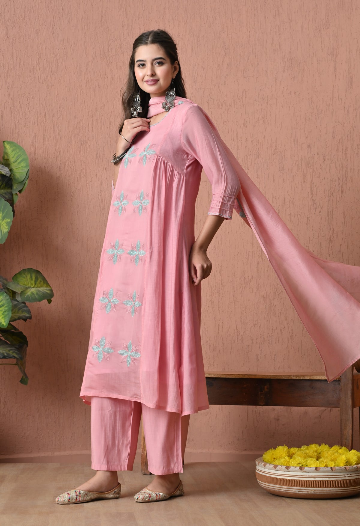 Sage Pink A Line Top  Bottom & Dupatta  For Women - 2904 view 5